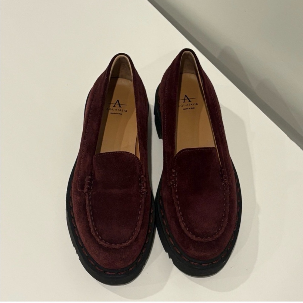 Aquatalia Hayley Platform Loafers Maroon Lug Sole Italian Genuine Suede Leather - Picture 4 of 5